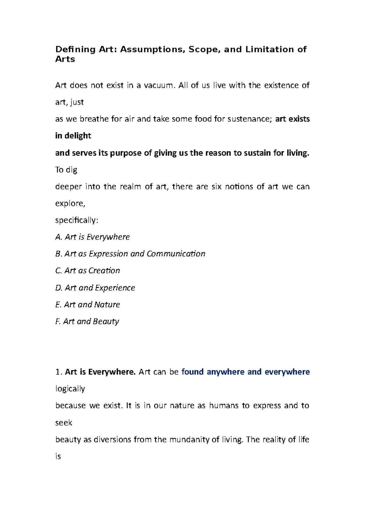 Defining Art lecture notes in arts Defining Art Assumptions, Scope