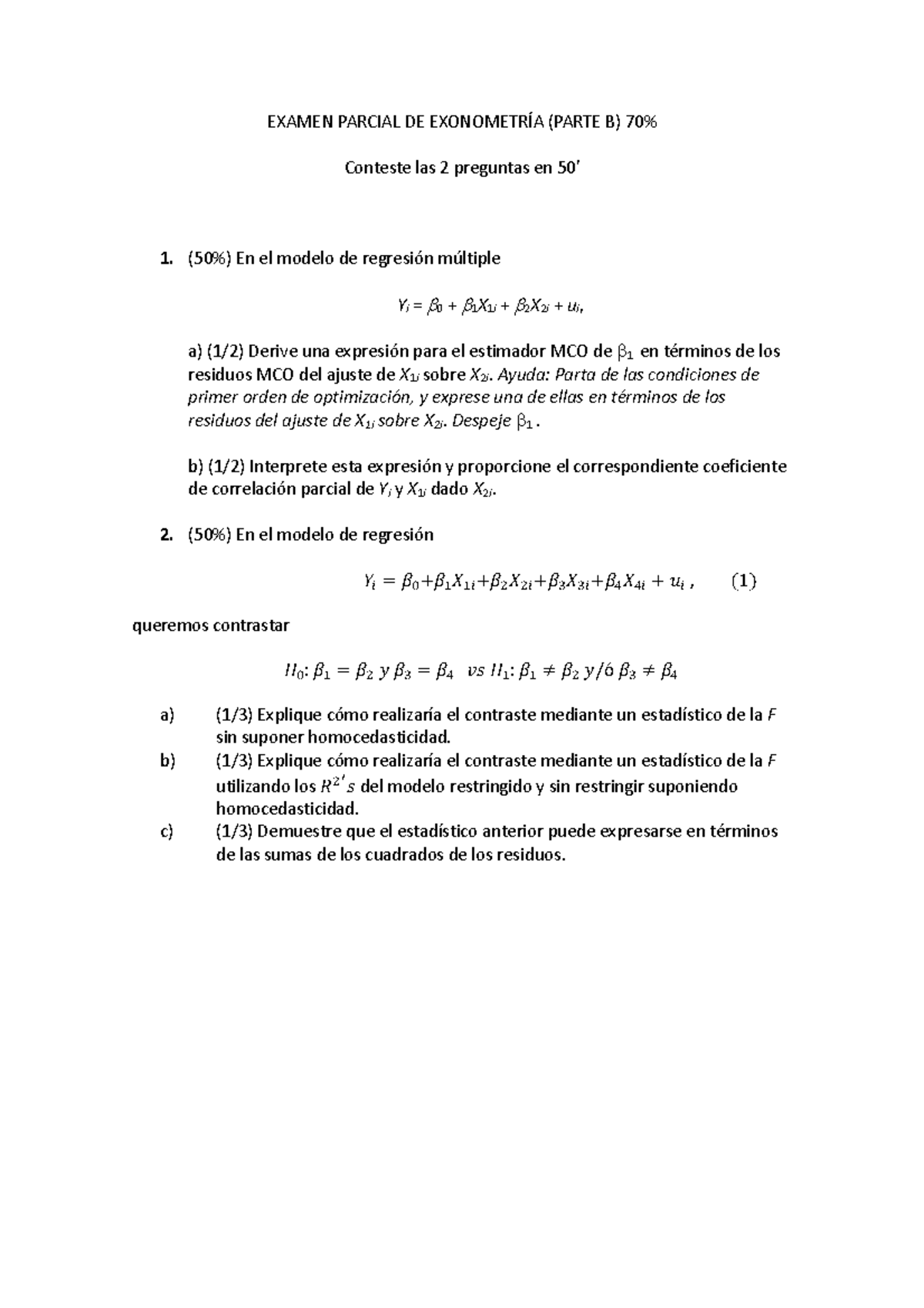 Examen Parcial De Econometr A Examen Parcial De Exonometr A Parte B Conteste Las