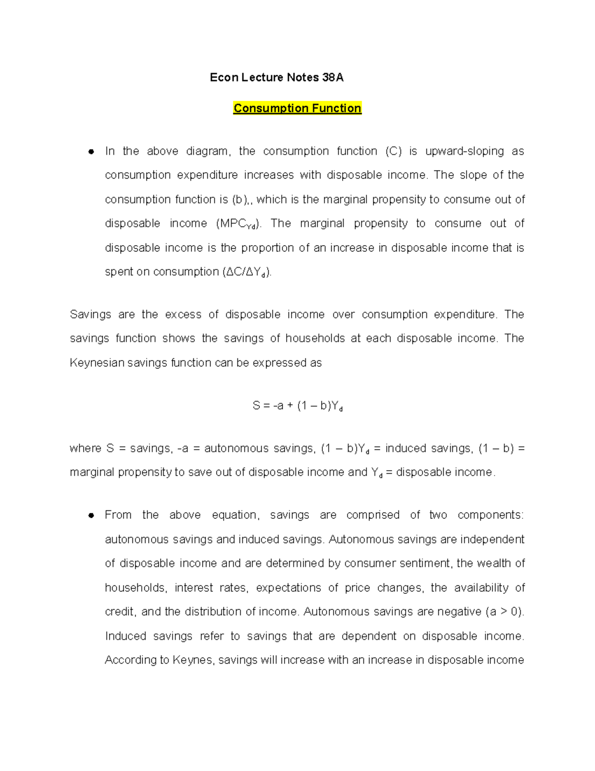 Econ Lecture Notes 38A - Econ Lecture Notes 38A Consumption Function In ...