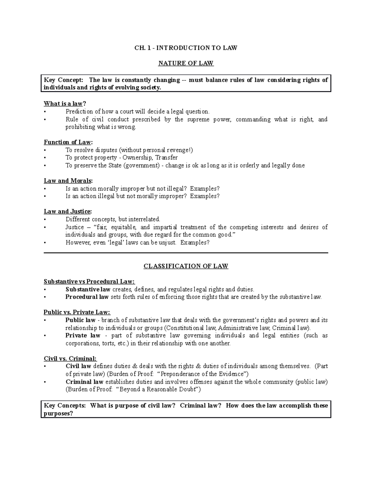 Ch 1 Notes - CH. 1 - INTRODUCTION TO LAW NATURE OF LAW Key Concept: The ...