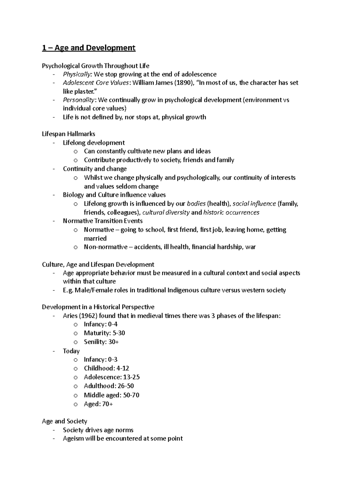 Lecture Notes - 1 – Age and Development Psychological Growth Throughout ...