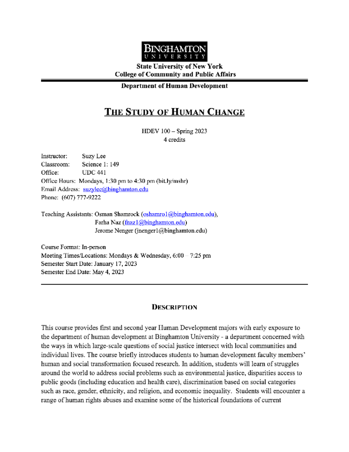 Syllabus Overview - Spring 2023 The Study of Human Change (HDEV-100-01 ...