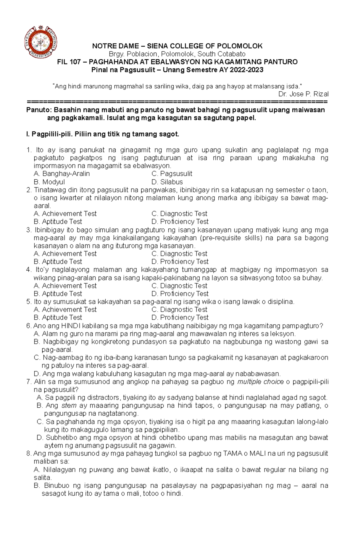 Final EXAM FIL 107 exam NOTRE DAME SIENA COLLEGE OF POLOMOLOK