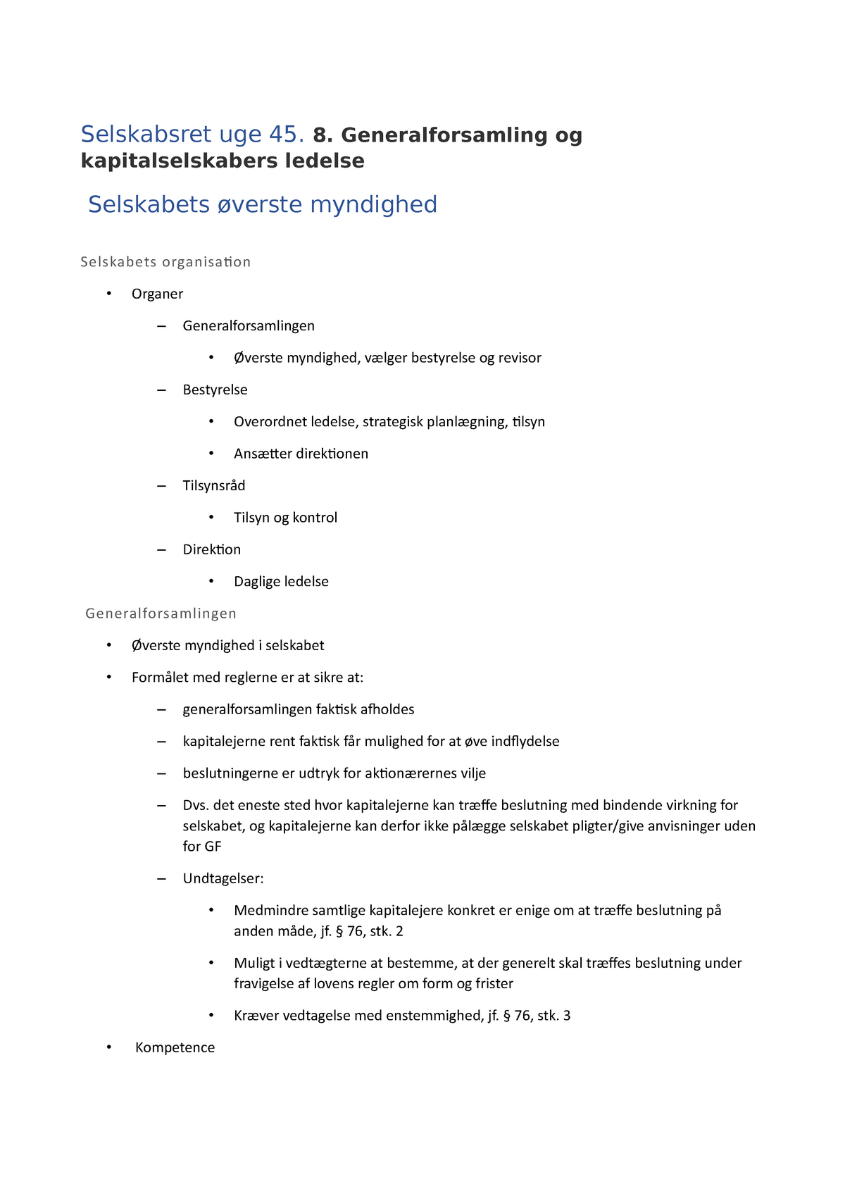 Selskabsret Uge 45. 8 - Selskabsret Uge 45. 8. Generalforsamling Og ...