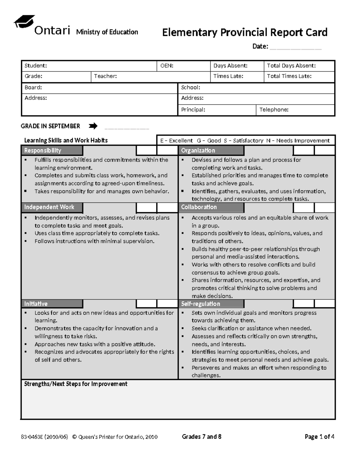 Report Card Zoleta, Erika Joy F - Student: OEN: Days Absent: Total Days ...