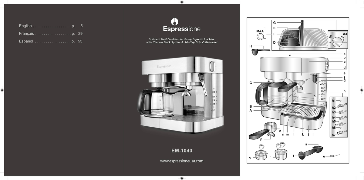 147457 Espressione SS Coffee and Espresso Machine Manual IMPORTANT