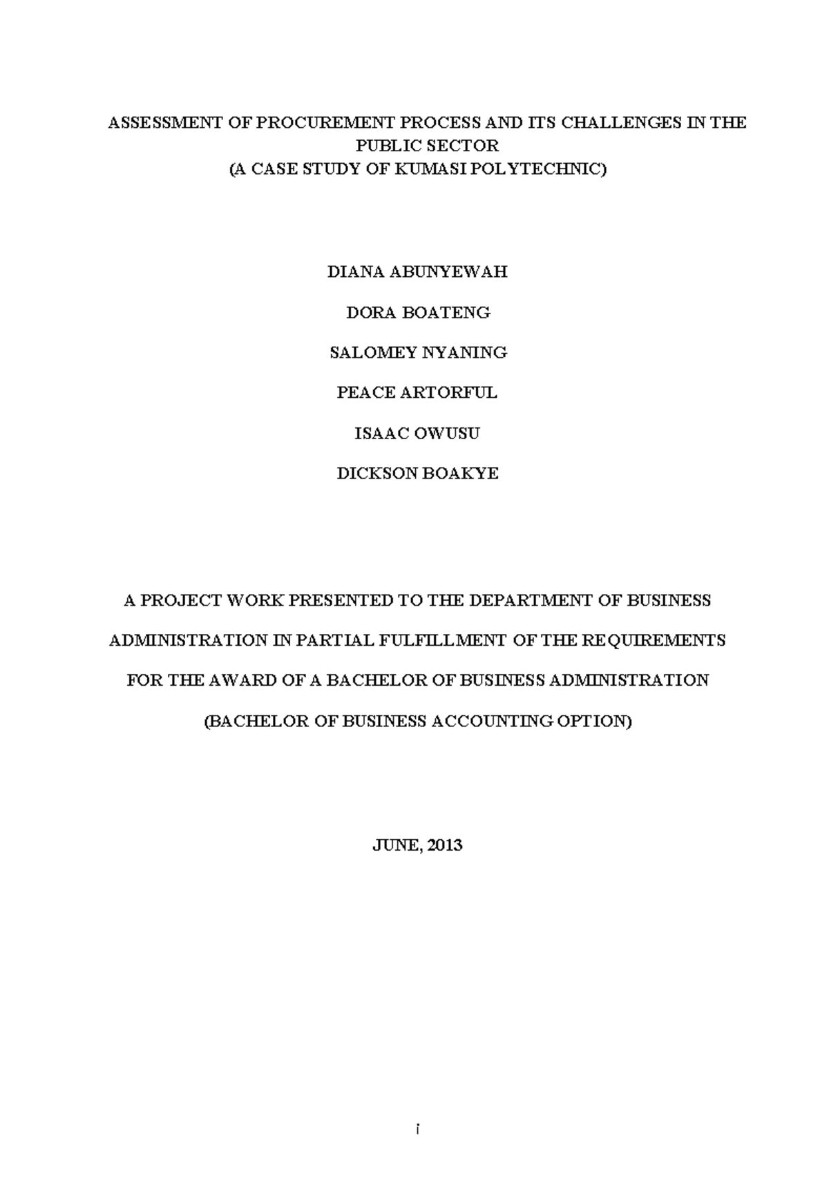 Procurement Process - OTHER - i ASSESSMENT OF PROCUREMENT PROCESS AND ...