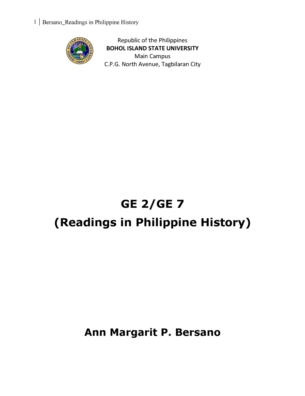 Readings In Philippine History - Republic Of The Philippines BOHOL ...