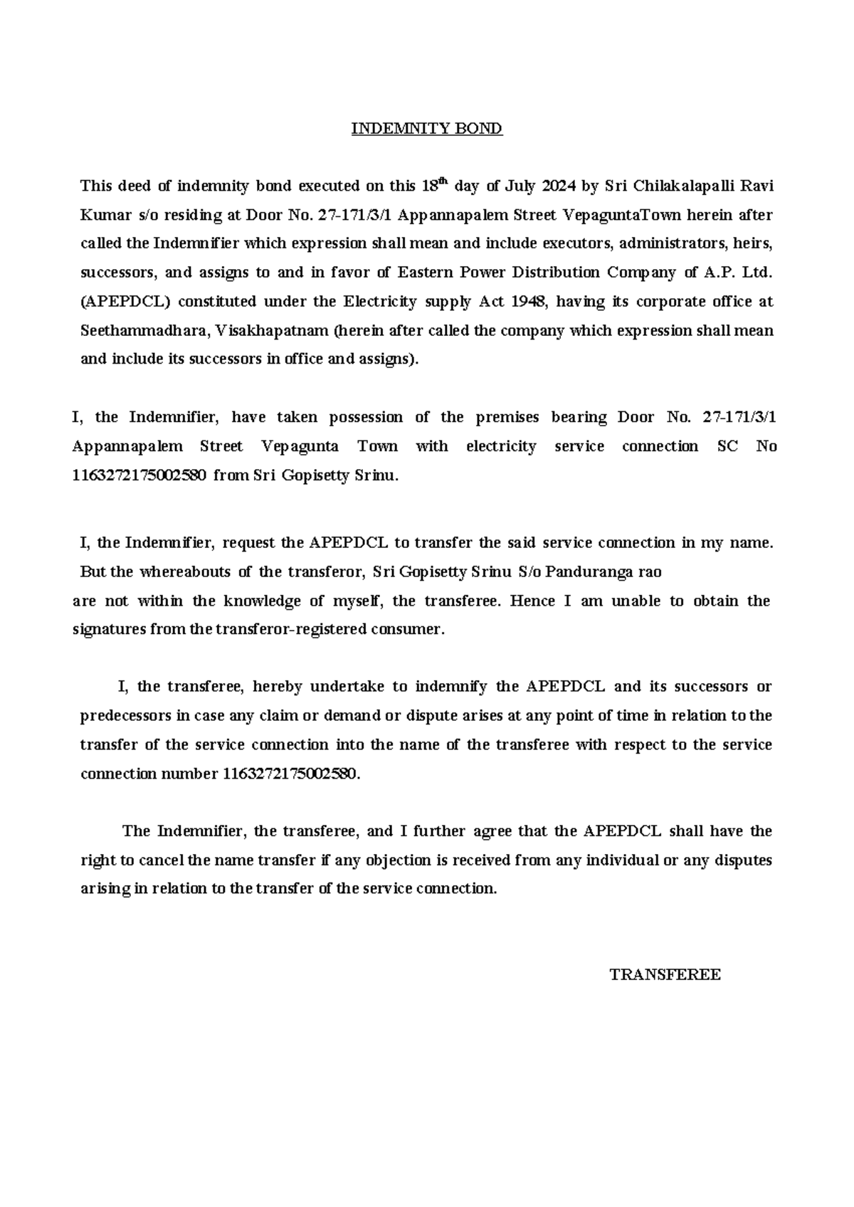 Copy of Indemnity Bond Copy Format II INDEMNITY BOND This deed of