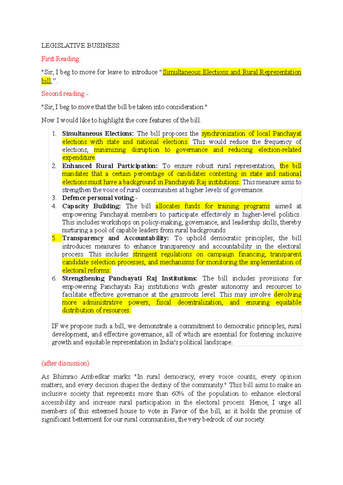 ELCTORAL BILL - LEGISLATIVE BUSINESS First Reading: 