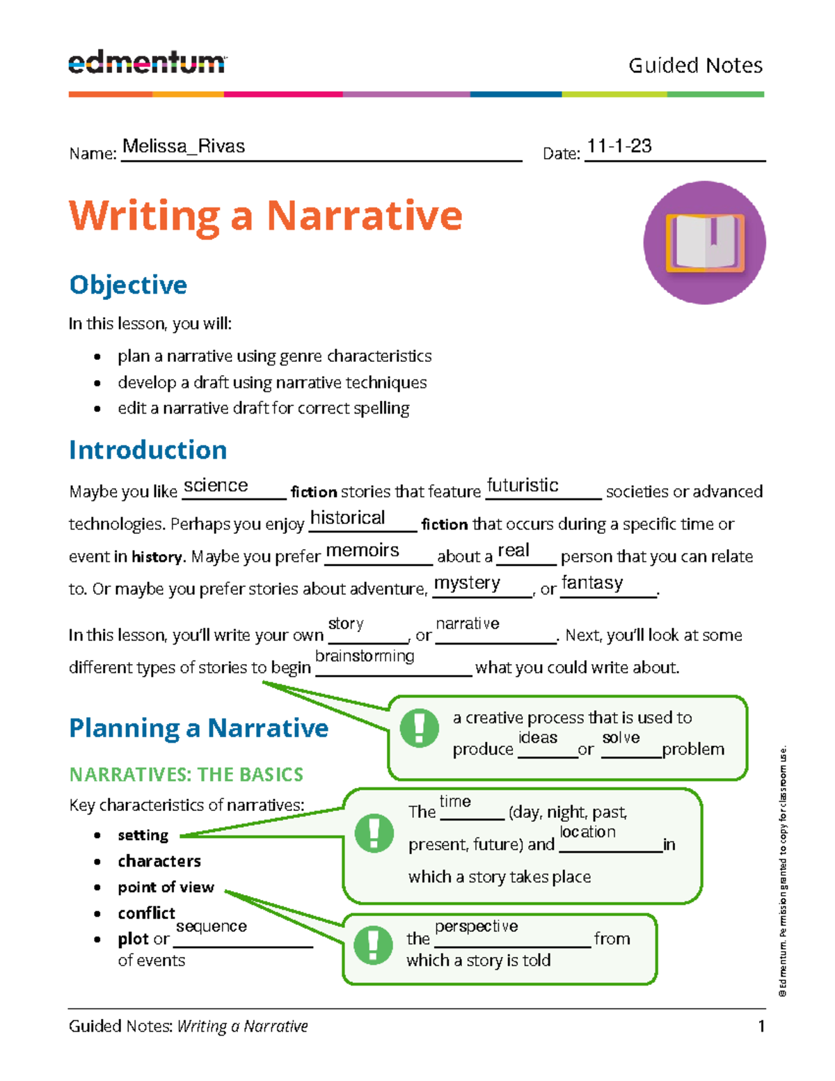 Writing A Narrative - Edmentum Guided Notes English - Dme Ntum·· Guided ...