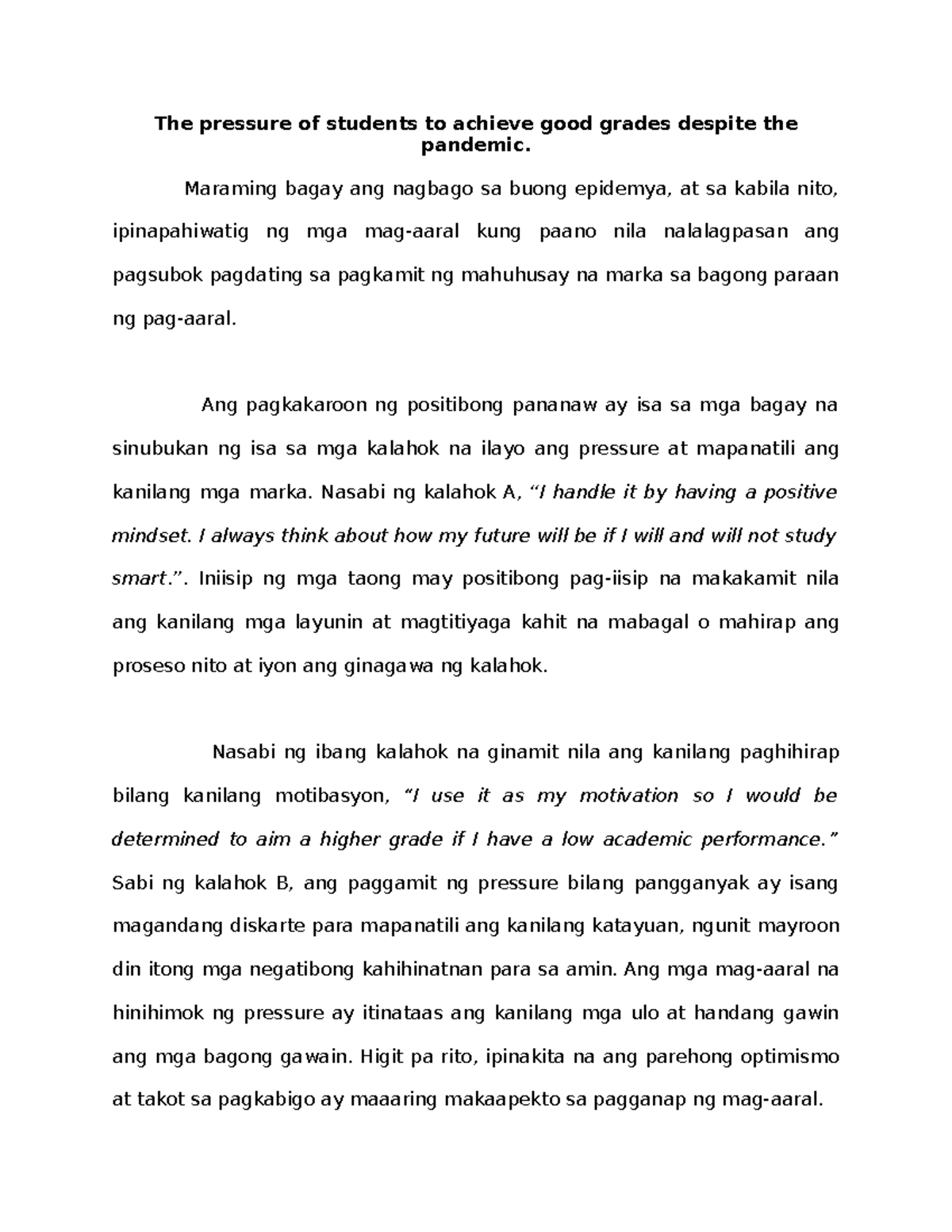 (Fil) the pressure of students to achieve good grades despite the ...