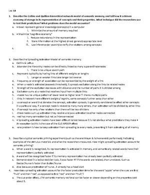 Psych cog test 1 - Lecture notes 1-8 - Lec 1 1. Describe the goals of ...