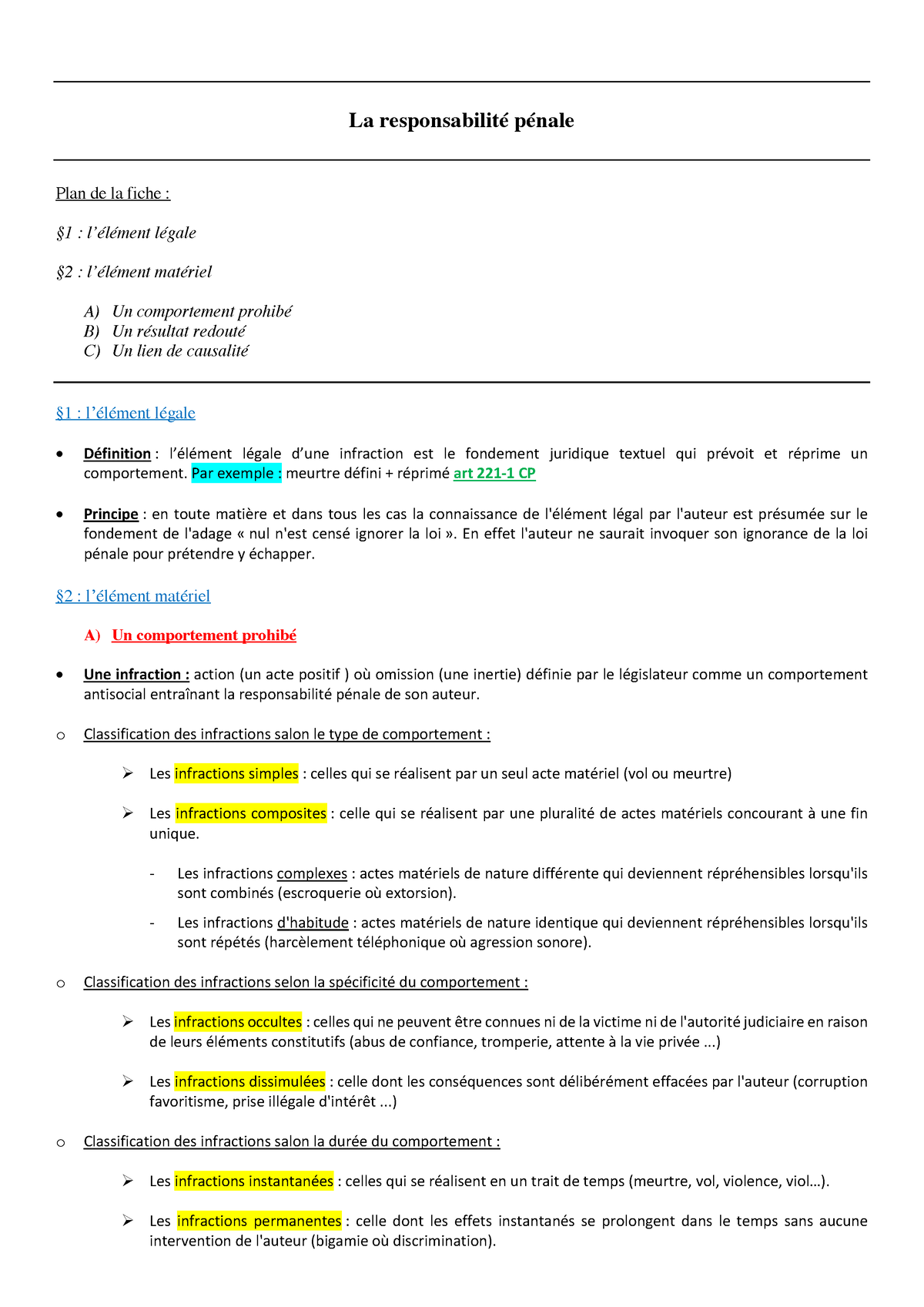 Fiche La Responsabilit P Nale La Responsabilit P Nale Plan De La