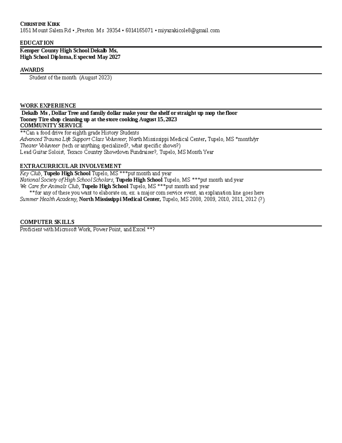 Christine Kirk High-School-Resume - CHRISTINE KIRK 1851 Mount Salem Rd ...