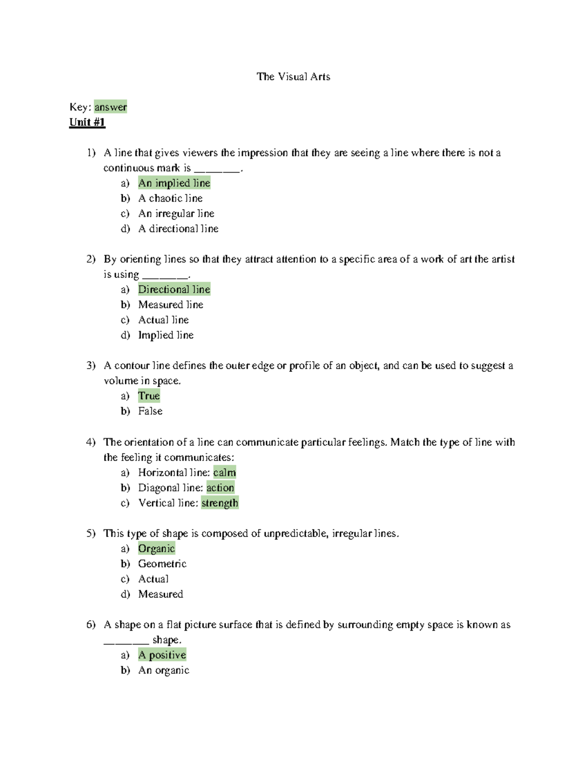 The Visual Arts Practice Questions The Visual Arts Key answer Unit