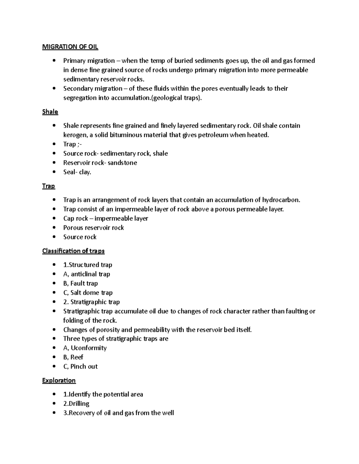 Migration, exploration, transportation and recovery of oil MIGRATION