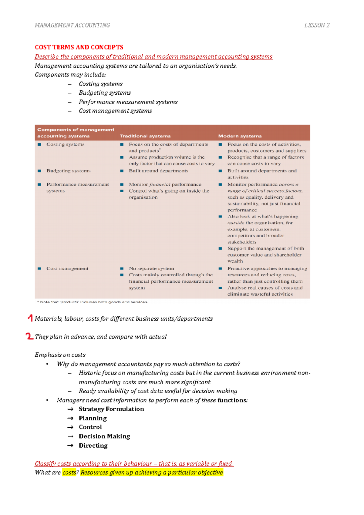 Lesson 2 management accounting - COST TERMS AND CONCEPTS Describe the ...