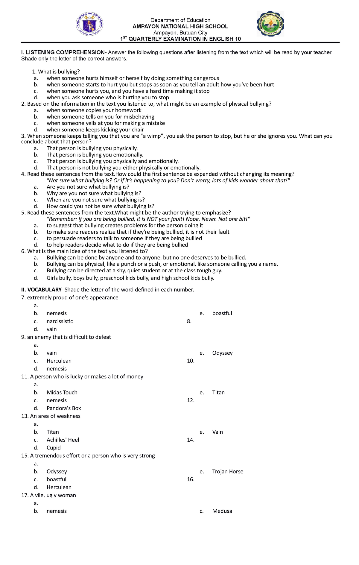 1st Quarter Exam In English 10 Department Of Education AMPAYON 