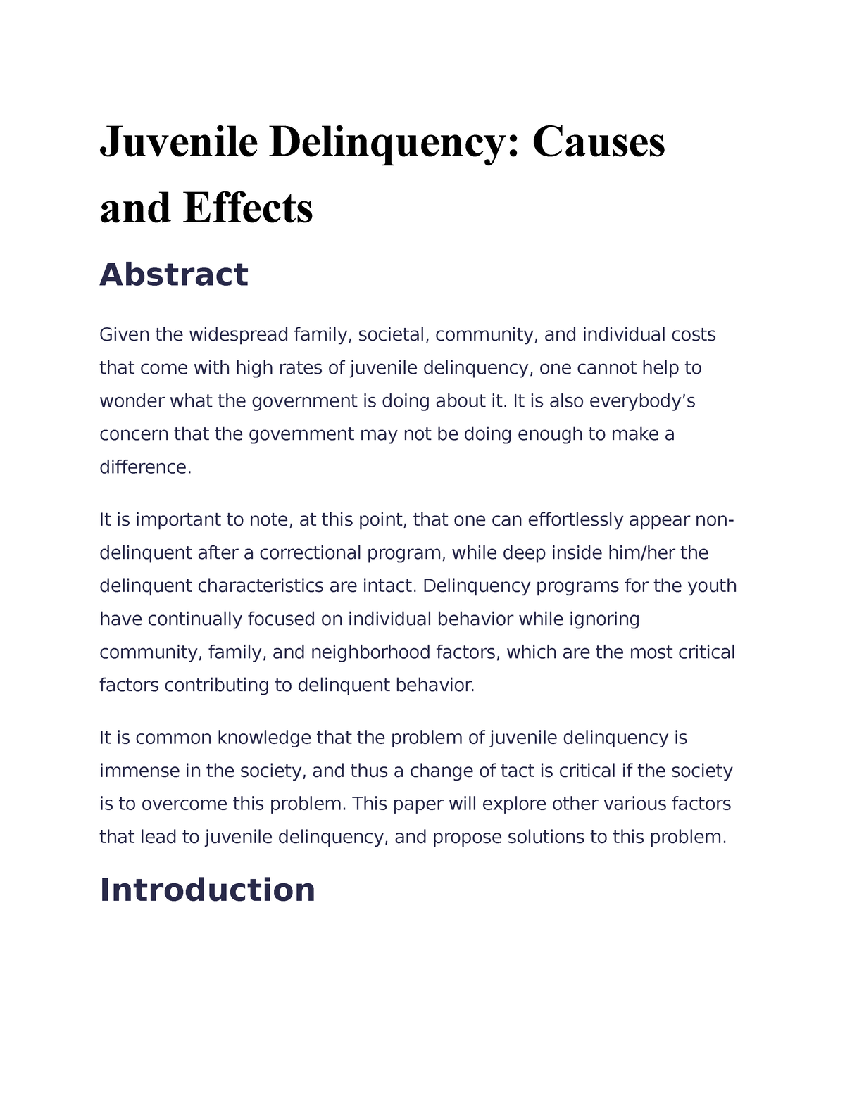 causes of juvenile delinquency research paper