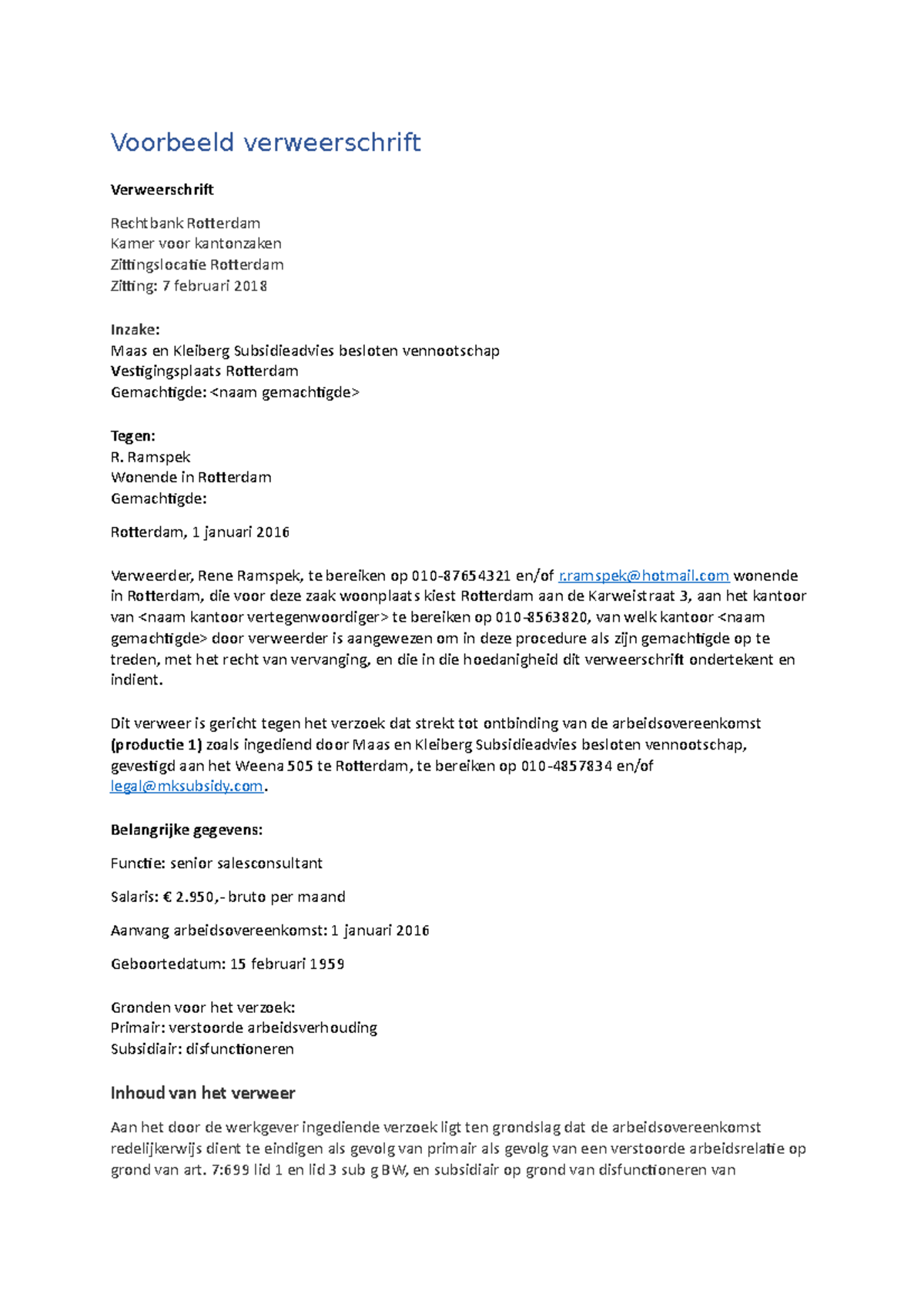 Voorbeeld van een verweerschrift voor het vak arbeidsrecht  Mondelinge