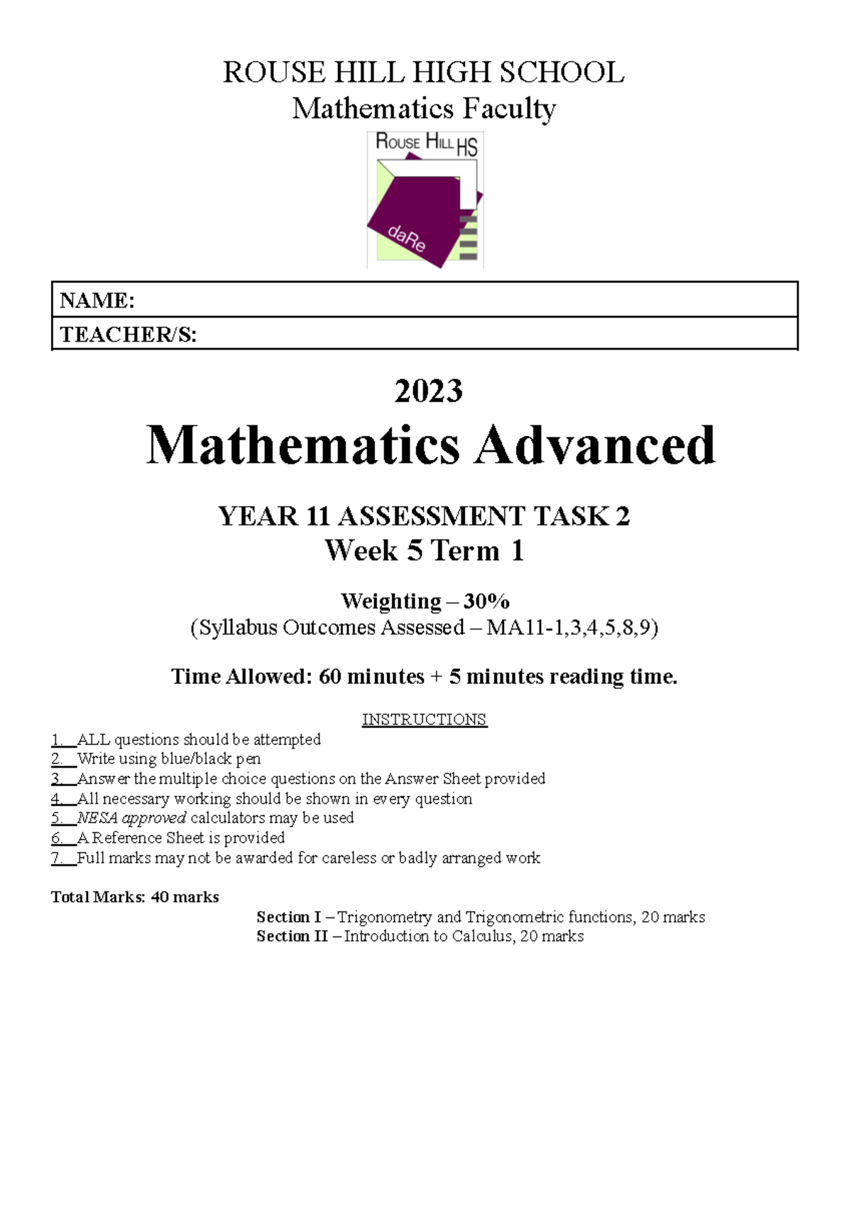 2023 Mathematics Advanced Yr11 AT2 in class test Solutions - ROUSE HILL ...