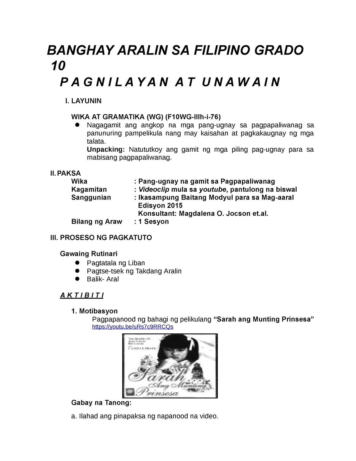 Banghay Aralin SA Filipino Grado 10 - BANGHAY ARALIN SA FILIPINO GRADO ...