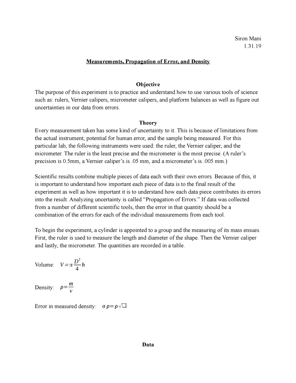 Physics Lab Report 1 Measurements Siron Mani 1 Measurements Propagation Of Error And 3560