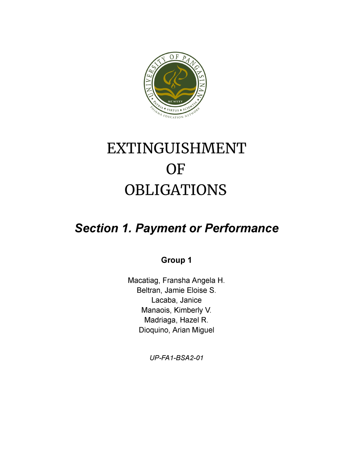 Payment Or Performance OBLICON - EXTINGUISHMENT OF OBLIGATIONS Section ...