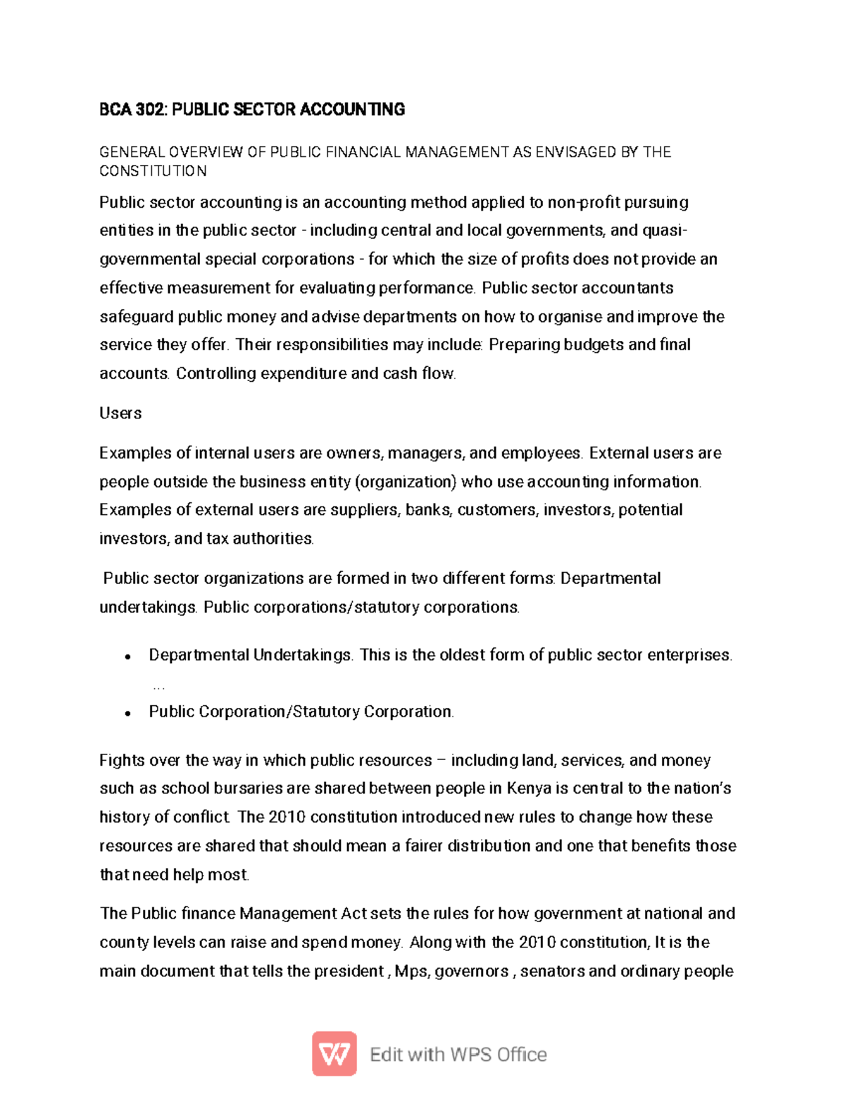 BCA 302 Public Sector Accounting notes BCA 302 PUBLIC SECTOR