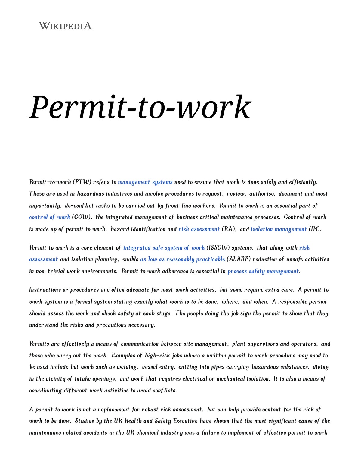 Permit-to-work - Wikipedia - Permit-to-work Permit-to-work (PTW) refers