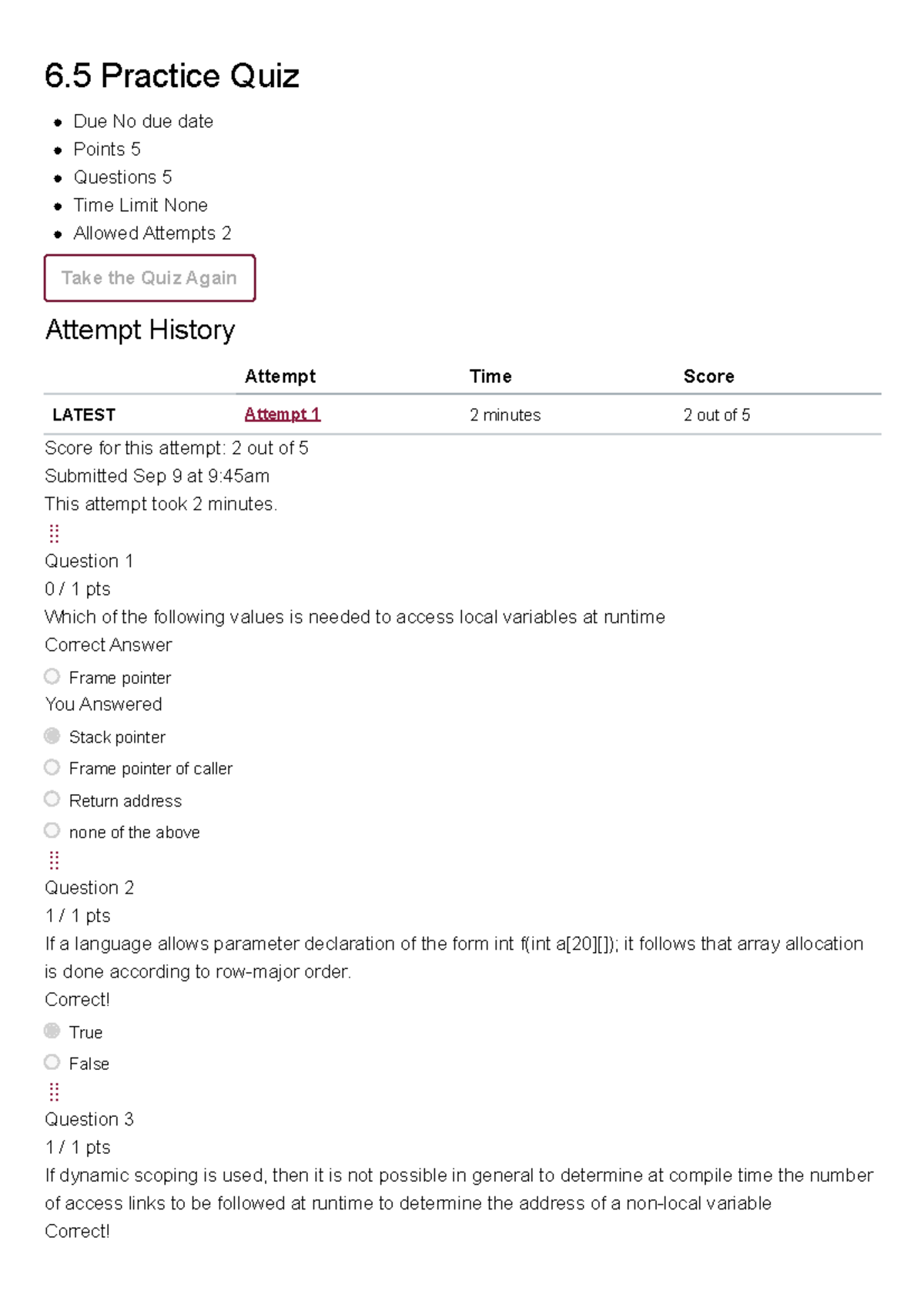 6.5 Practice Quiz Principles of Programming Languages Runtime Execution ...
