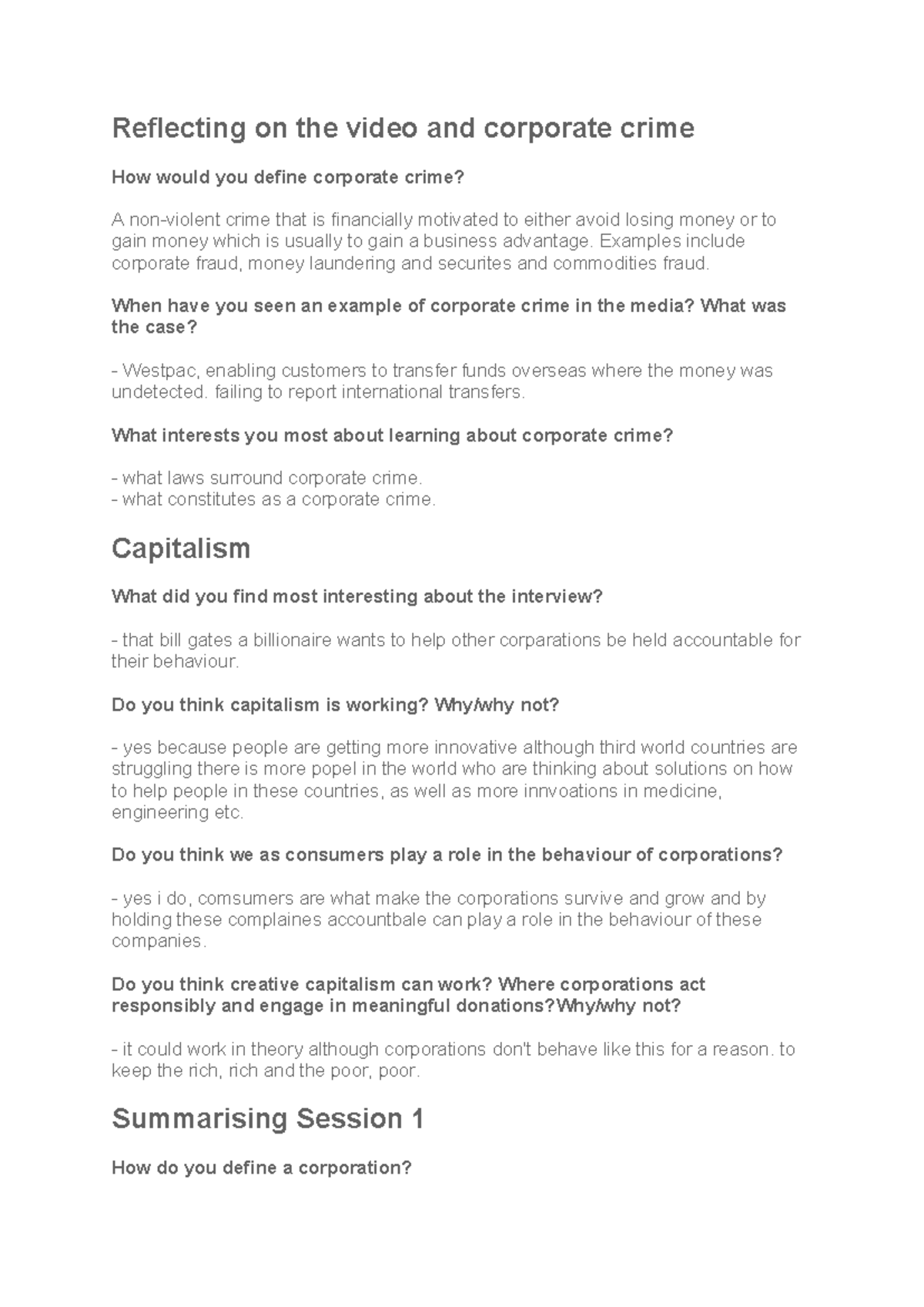 Reflecting on the video and corporate crime - Examples include ...