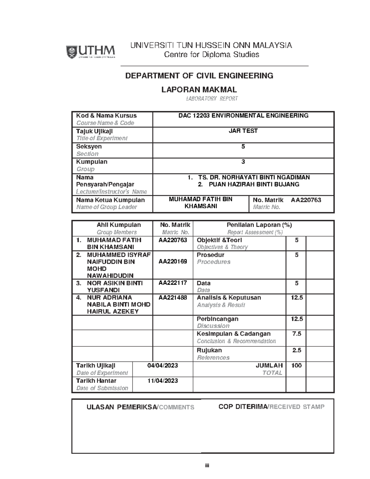 JAR TEST LAB Report UNIVERSITI TUN HUSSEIN ONN MALAYSIA Centre for