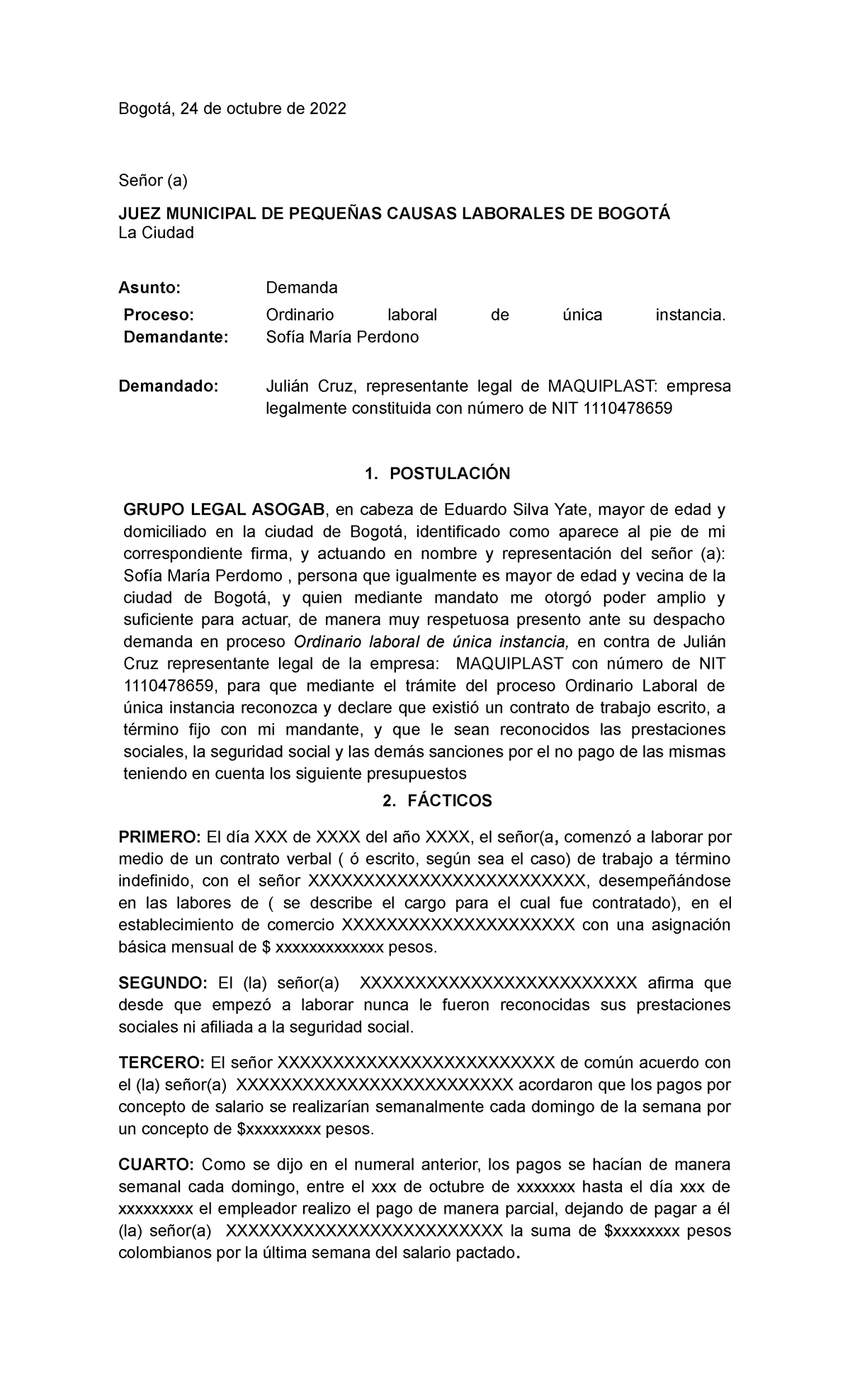 72 Modelo Demanda Ordinaria Laboral DE Unica Instancia - Bogotá, 24 de ...