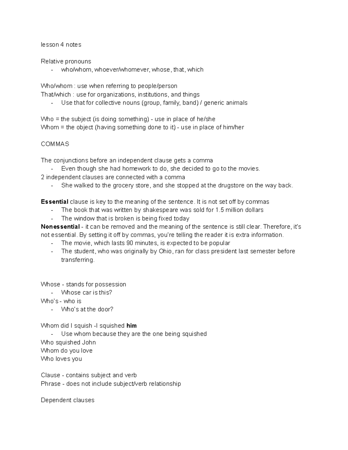 Lesson 4 notes - web course - lesson 4 notes Relative pronouns - who ...