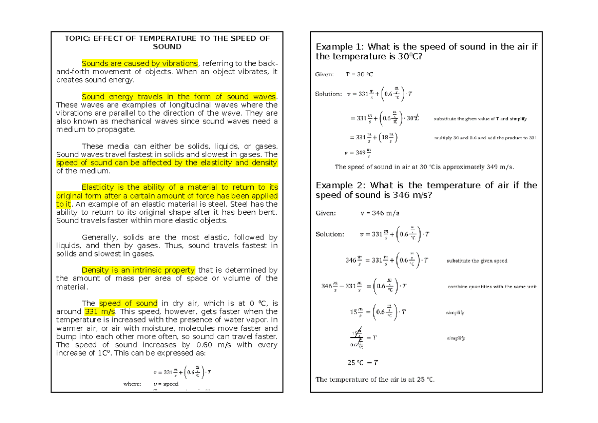 Notes Effect OF Temperature TO THE Speed OF Sound - TOPIC: EFFECT OF ...