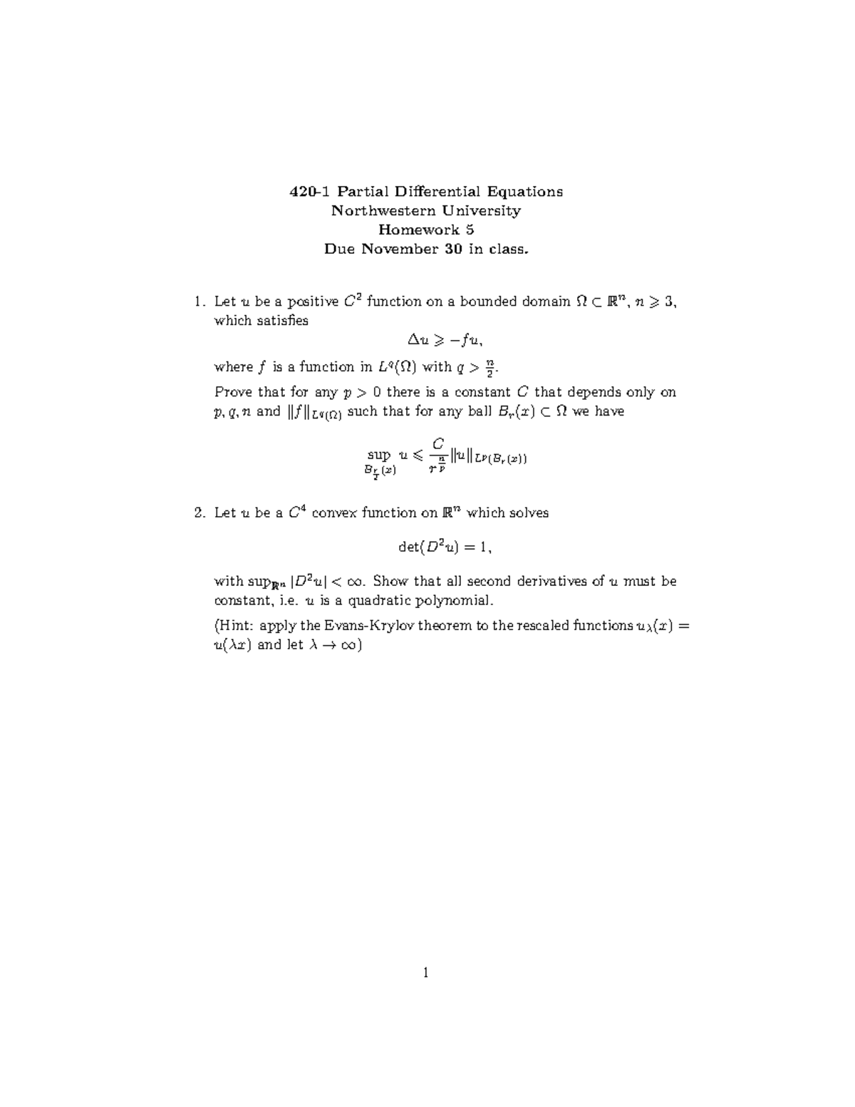 420 1 Partial Differential Equations Homework 5 420 1 Partial