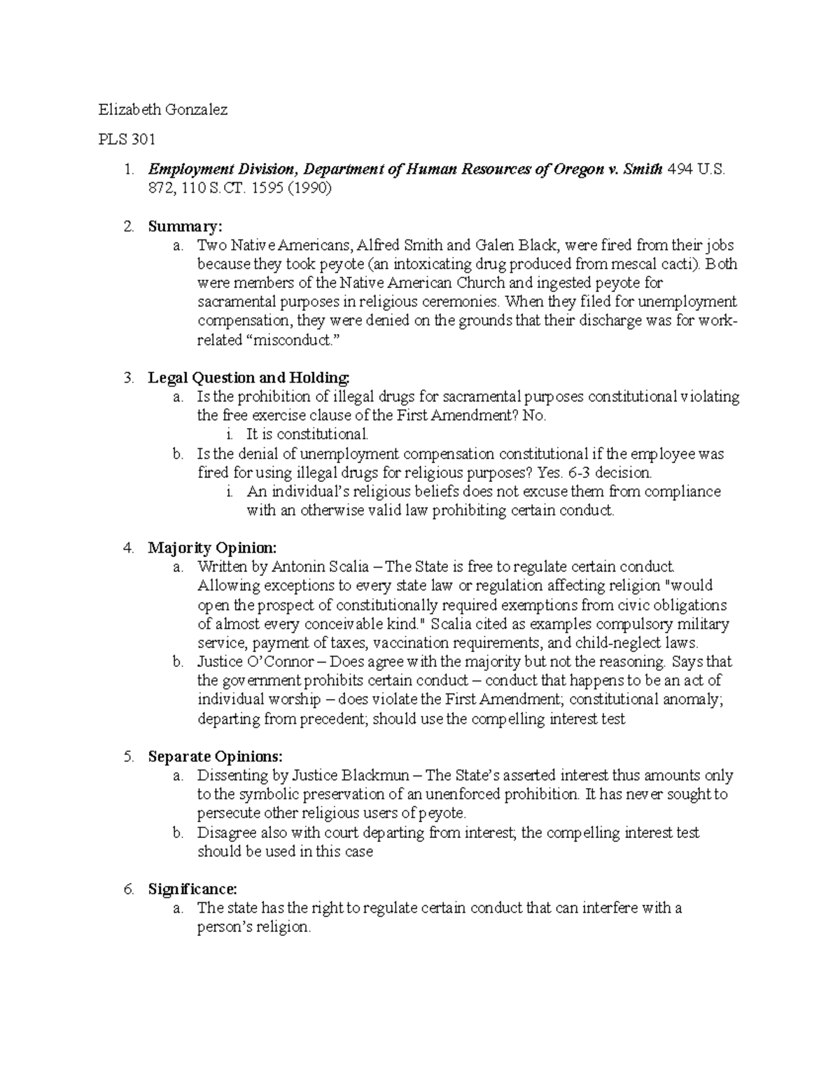 Employment Division, Department of Human Resources of Oregon v. Smith