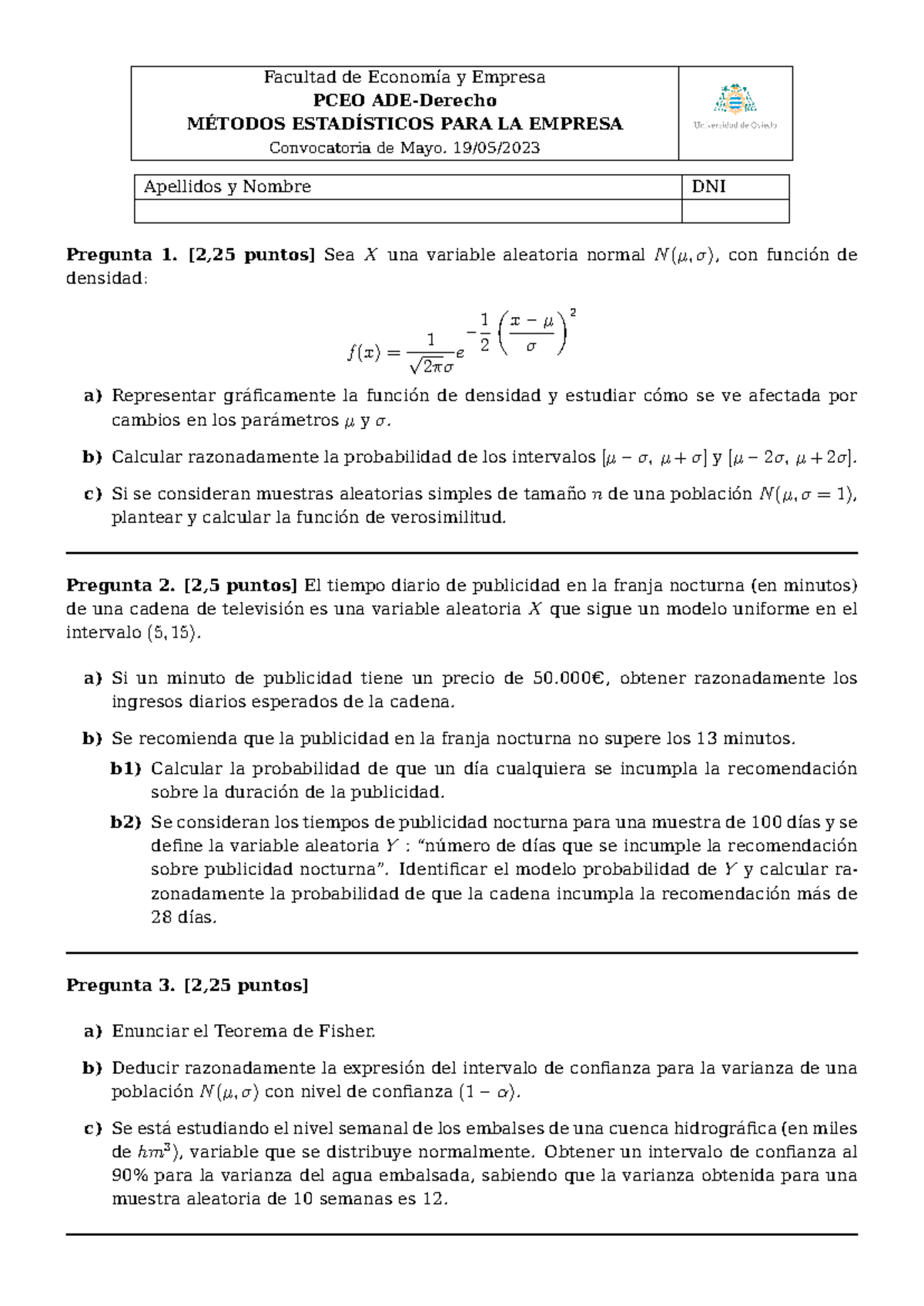 Examenes PCEO - Facultad de Economía y Empresa PCEO ADE-Derecho MÉTODOS ...