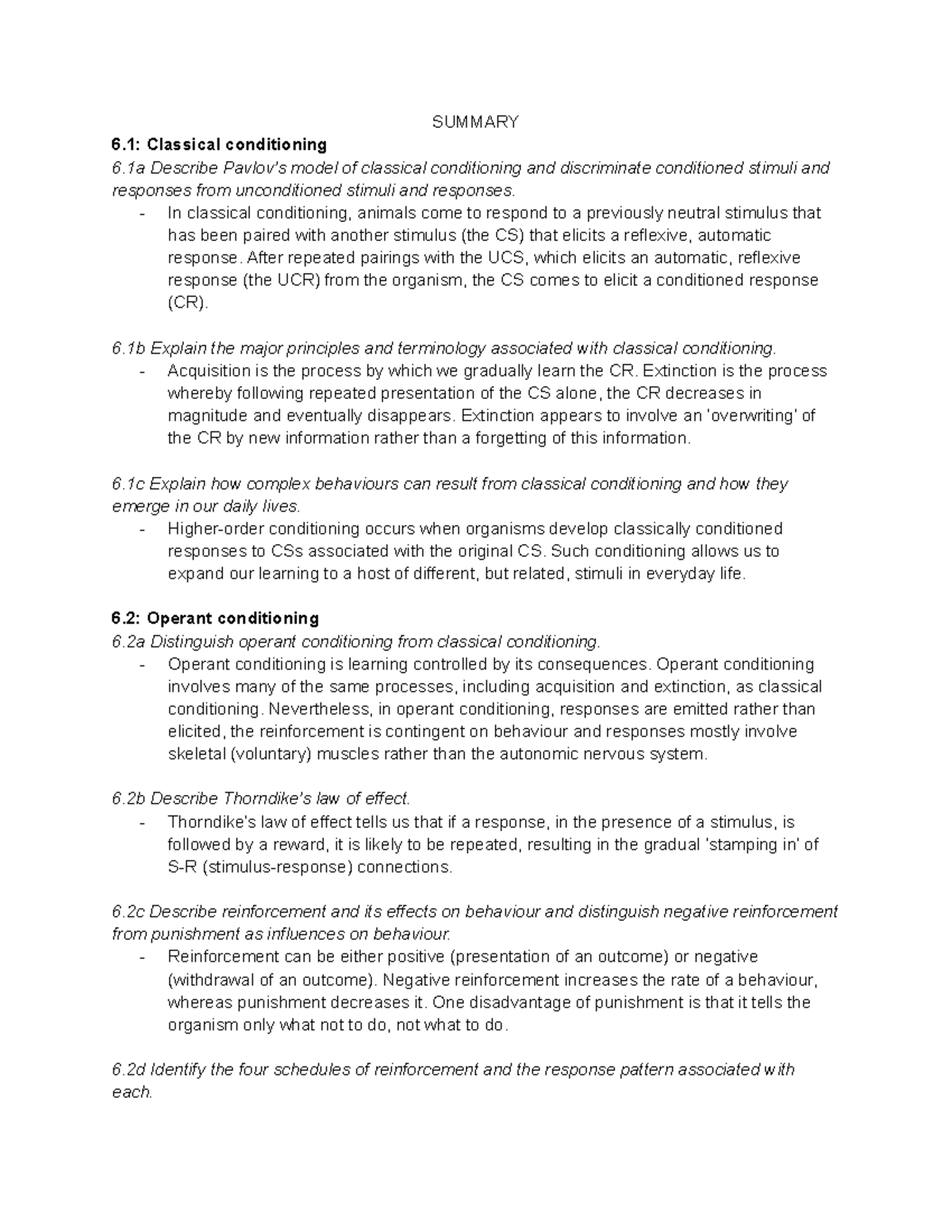 PSY1104 Learning Notes - SUMMARY 6: Classical conditioning 6 Describe ...