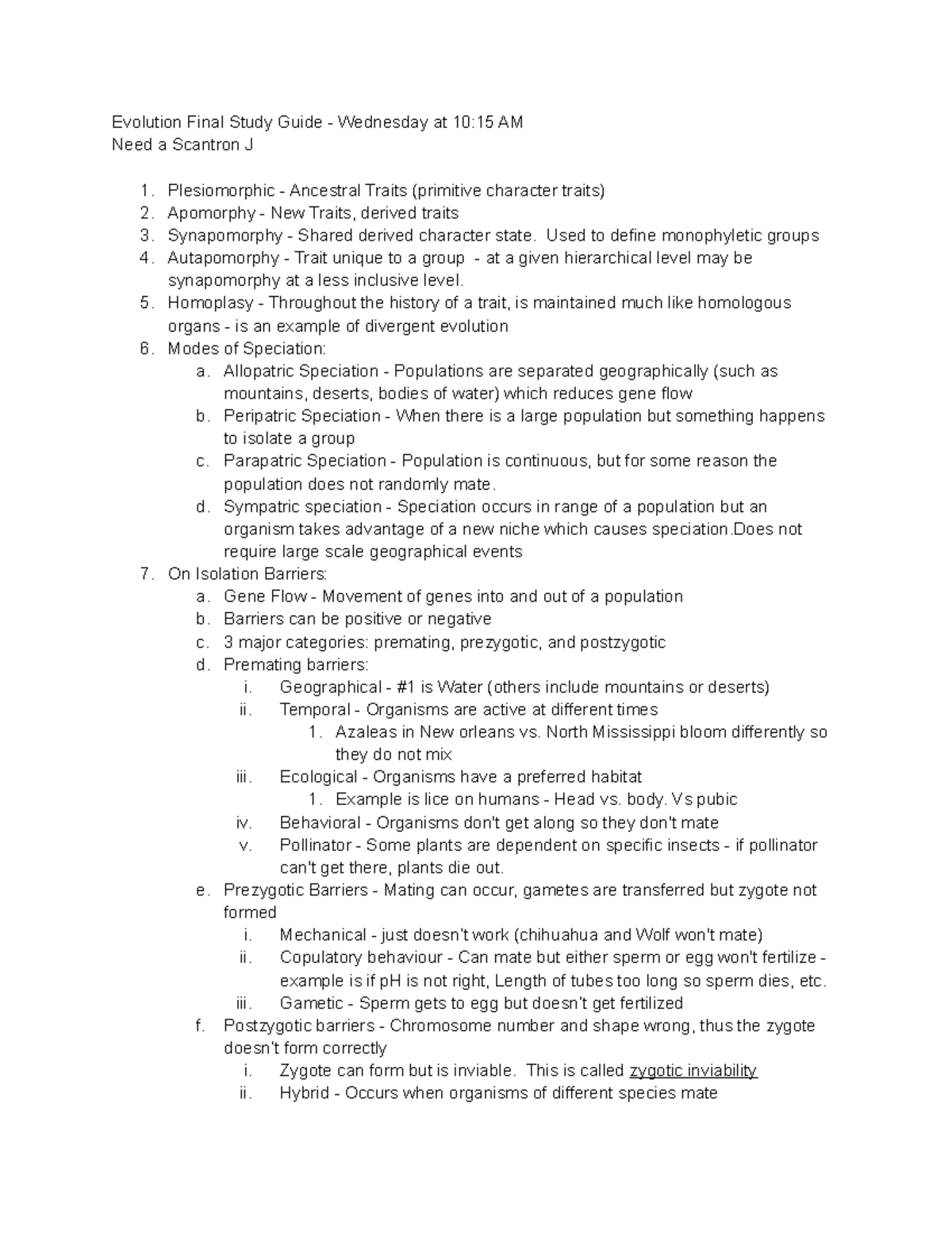 Evolution Final Study Guide - 2. 3. 4. Plesiomorphic - Ancestral Traits 