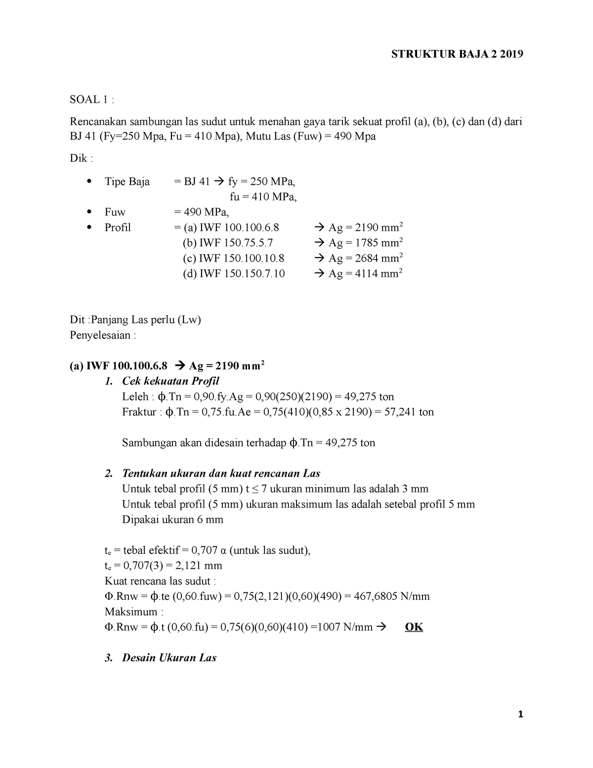 Tugas Struktur BAJA 2 - Sambungan LAS - SOAL 1 : Rencanakan Sambungan ...