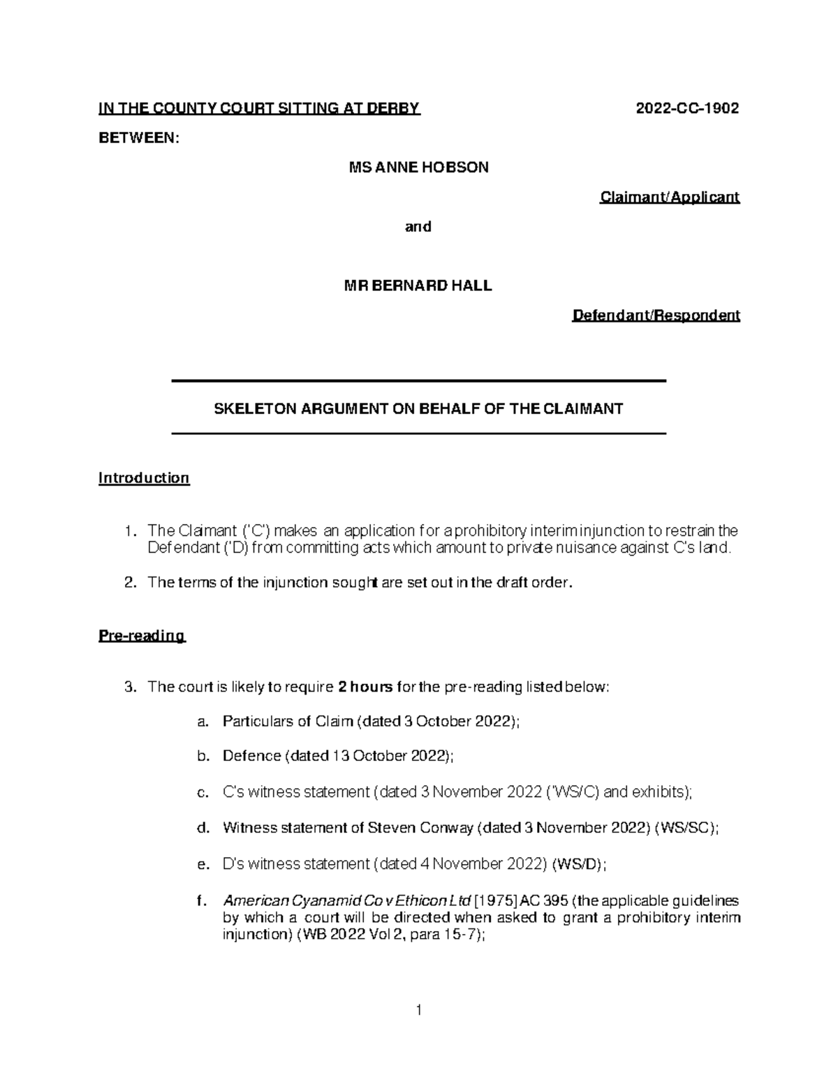 Hobson v Hall - Sample Skeleton Argument - IN THE COUNTY COURT SITTING ...