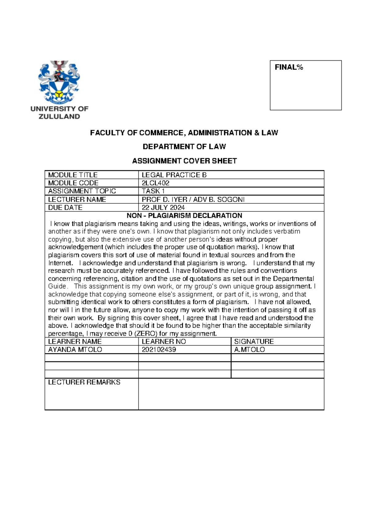 Legal Practice B task 1 - practical - FINAL% FACULTY OF COMMERCE ...