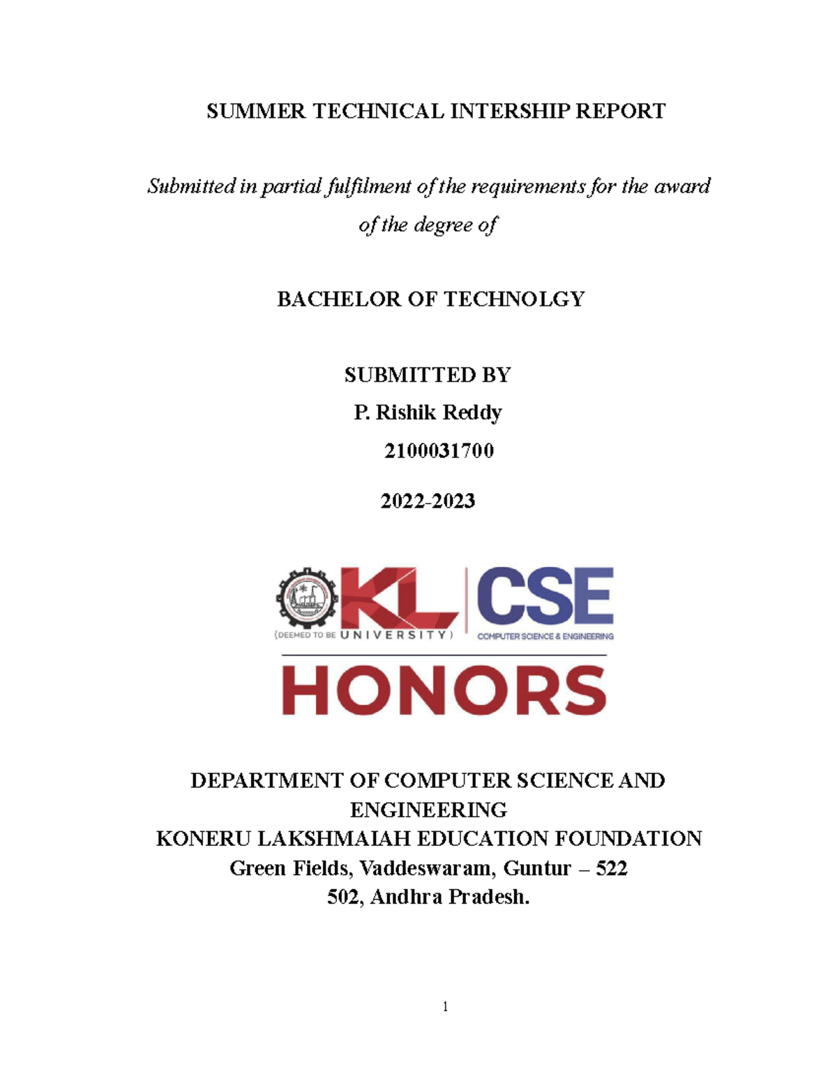 2100031700 Internship - 1 SUMMER TECHNICAL INTERSHIP REPORT Submitted ...