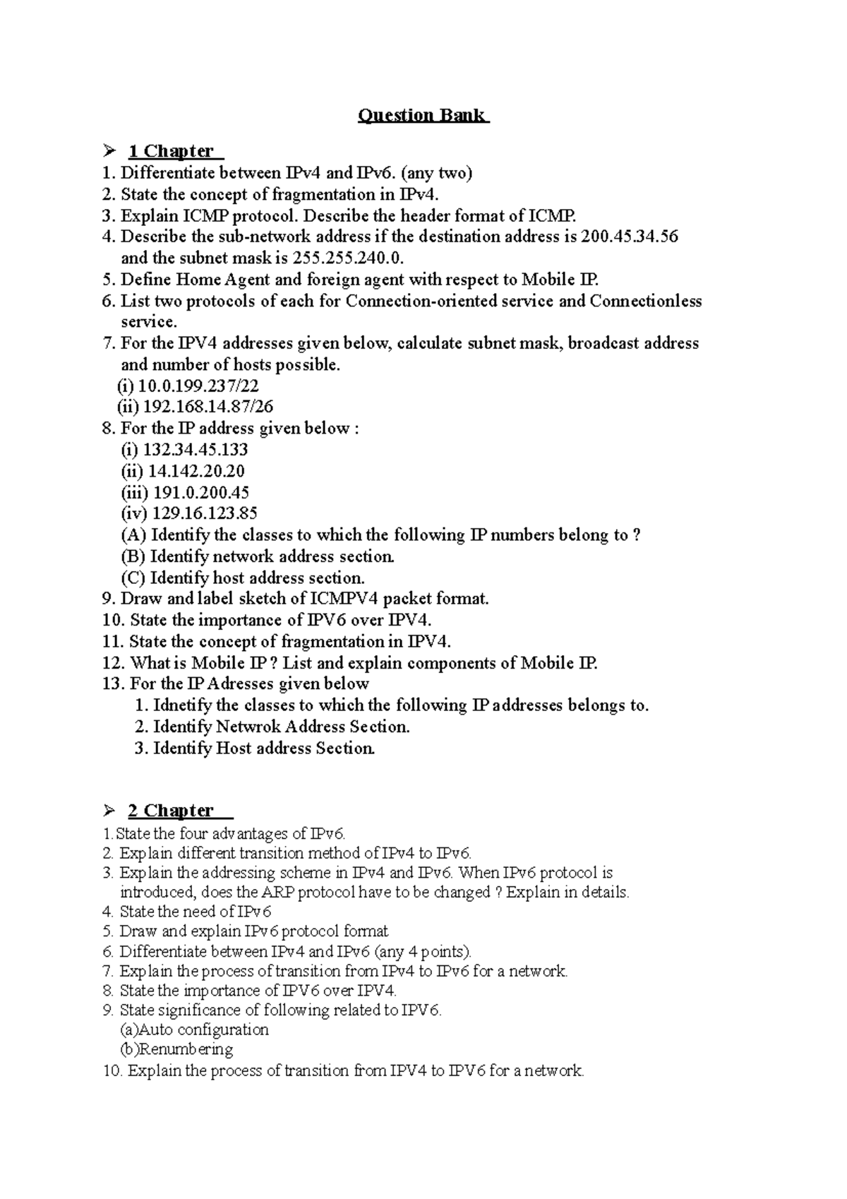 Question Bank - Question Bank 1 Chapter Differentiate between IPv4 and ...
