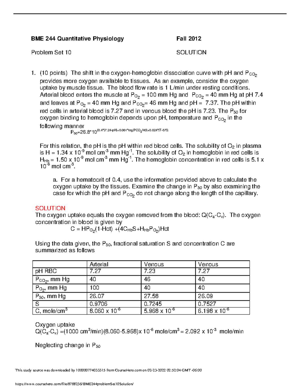 BME 244 problem Set 10 Solution - BME 244 Quantitative Physiology Fall ...