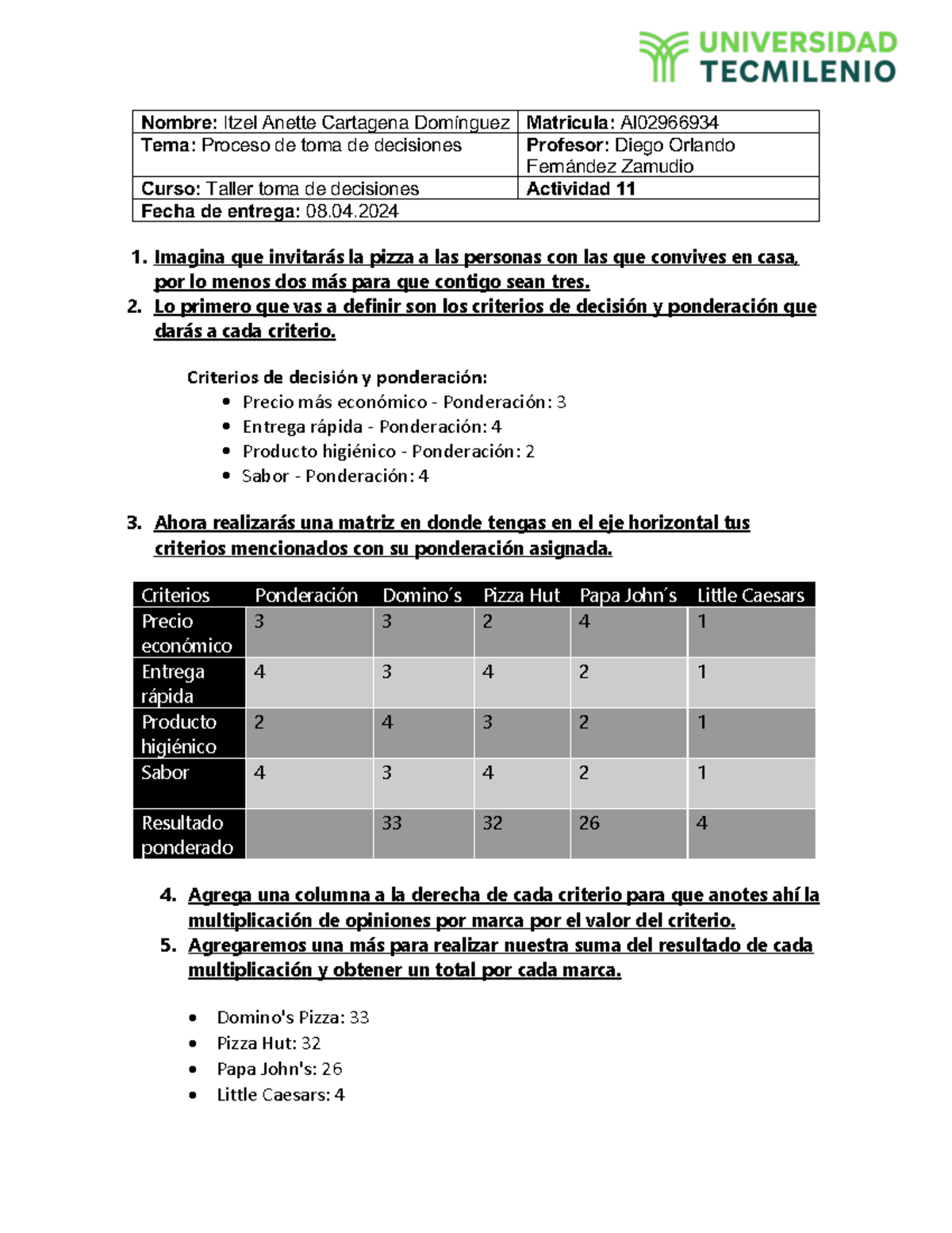 Actividad 11 taller de planeacion y toma de decisiones - Nombre: Itzel ...