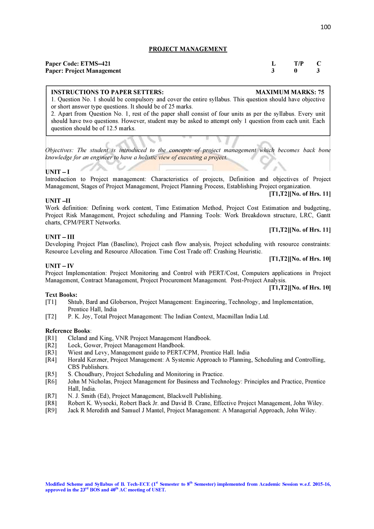 Syllabus PM Summary Project Management 100 Modified Scheme and